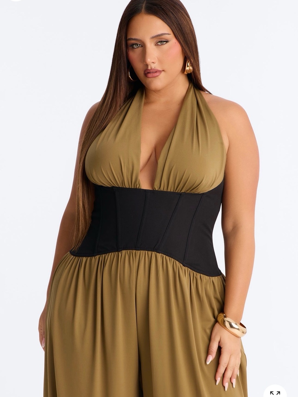 Fashion Nova Olive Halter Jumpsuit with Black Corset Waist - Picture 2 of 4